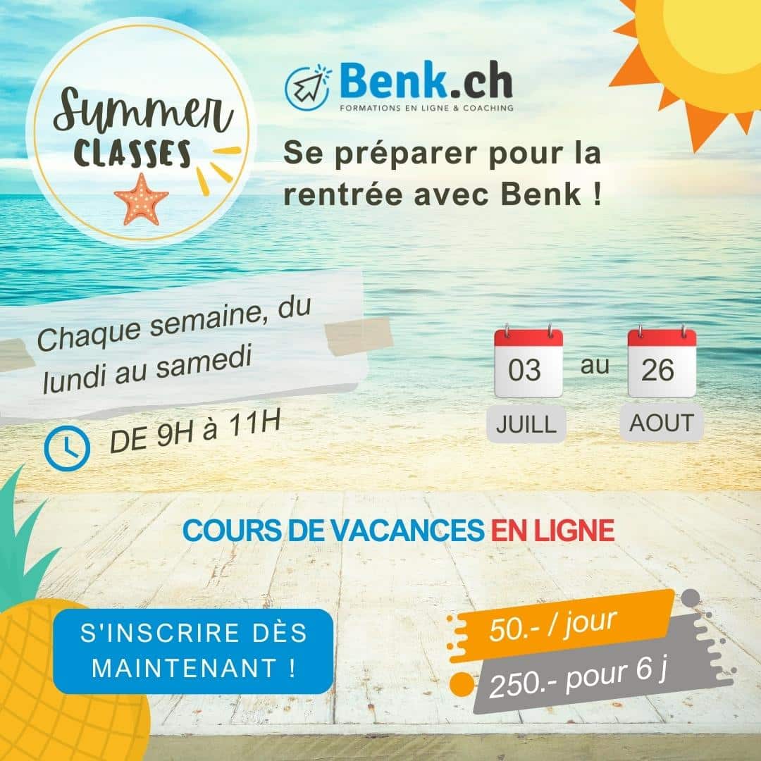 cours d'été, cours de vacances scolaires 2023 chez benk